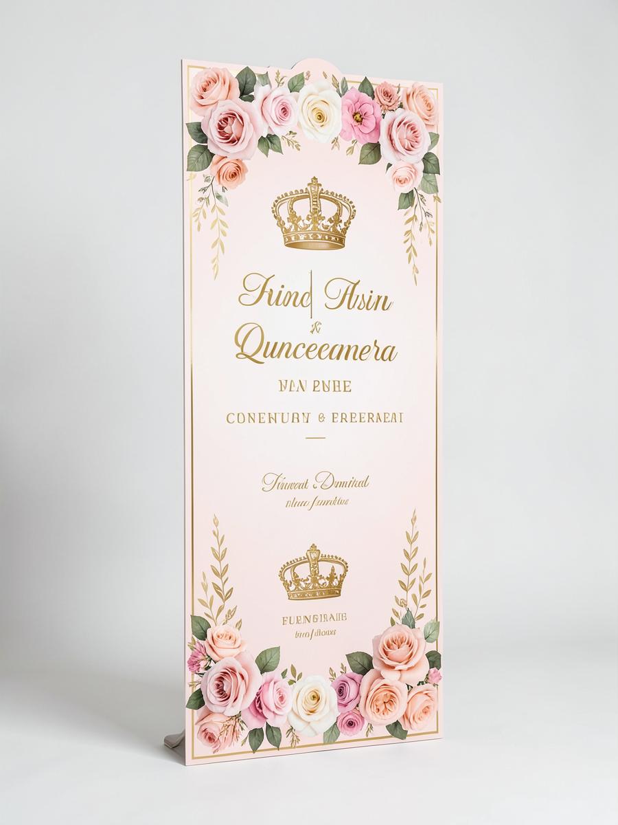 Blush and gold quinceañera welcome display with roses and a crown